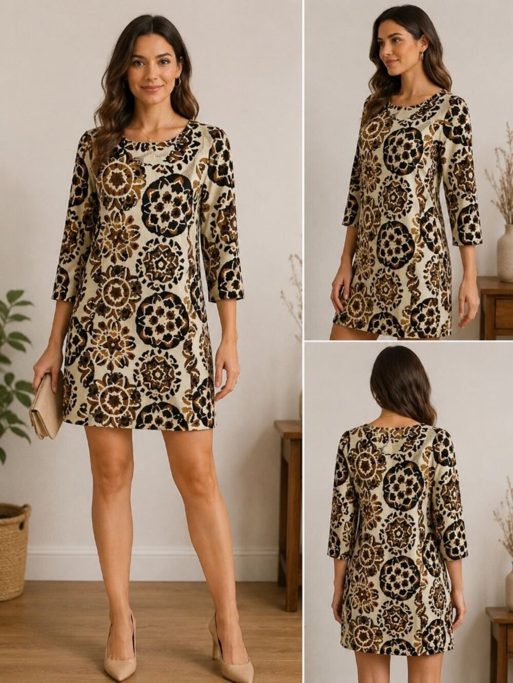 Tree By Dotori Womens Floral Print Dress 3/4 Sleeves  Cream-Brown Xsmall